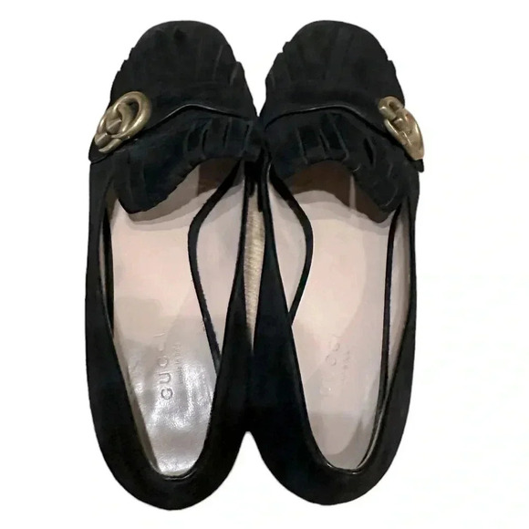 Gucci marmont fringe AUTHENTIC Black Suede Mule Heel Shoes Size 39 1/2 - Picture 4 of 12